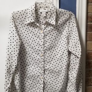 Jones New York Cotton Sport Button Front Shirt White Black Polka Dots